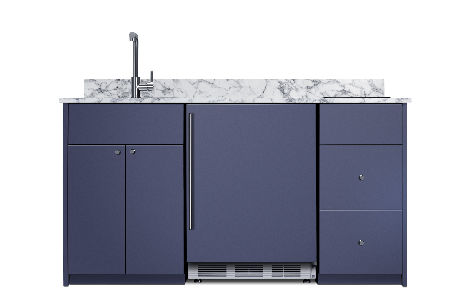 ADA-height Turnkey Caldera Kitchen featuring pre-assembled cabinetry and countertop in a modern midnight navy finish, complete with ENERGY STAR certified refrigerator-freezer, ENERGY STAR certified 115V induction cooktop, storage drawers, and sink with faucet; ships in two boxes on one pallet